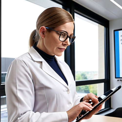Home 15 **
A rehabilitation consultant confidently using a tablet to securely access and update client data in an EPJ system, with emphasis on GDPR compliance. Background shows a modern, clean office setting.
**