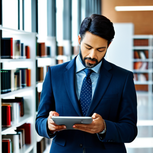 Home 7 A professional, diverse individual, in their 30s-40s, wearing a modest business suit, thoughtfully reviewing digital learning materials on a sleek tablet in a modern, sunlit university library setting. The atmosphere is calm and conducive to deep learning, with soft focus on background bookshelves. The image emphasizes the pursuit of specialized knowledge and professional development. fully clothed, modest clothing, appropriate attire, professional dress, safe for work, appropriate content, perfect anatomy, correct proportions, natural pose, well-formed hands, proper finger count, natural body proportions, high-quality professional photography, family-friendly.
