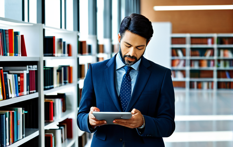 A professional, diverse individual, in their 30s-40s, wearing a modest business suit, thoughtfully reviewing digital learning materials on a sleek tablet in a modern, sunlit university library setting. The atmosphere is calm and conducive to deep learning, with soft focus on background bookshelves. The image emphasizes the pursuit of specialized knowledge and professional development. fully clothed, modest clothing, appropriate attire, professional dress, safe for work, appropriate content, perfect anatomy, correct proportions, natural pose, well-formed hands, proper finger count, natural body proportions, high-quality professional photography, family-friendly.